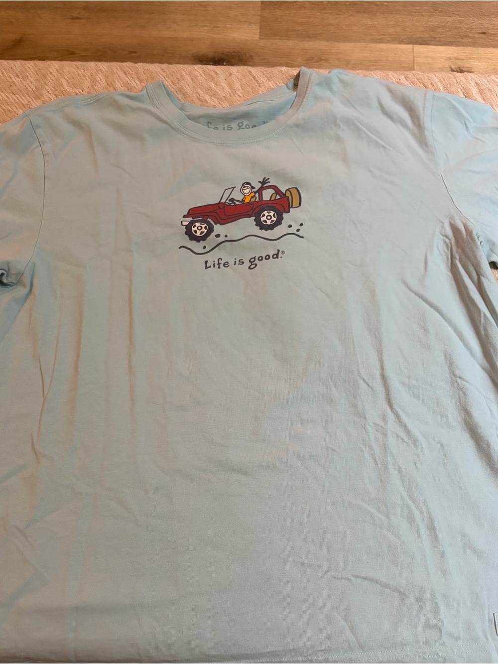 Life Is Good Vintage Blue Tee with Red Jeep Graphic